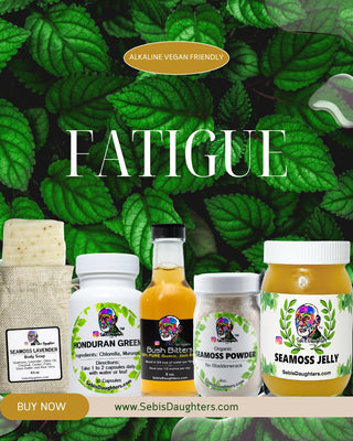 Image of Sebis Daughters Fatigue Support Collection featuring our seamoss collection, bush bitters, and honduran green