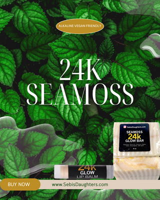 Image of Sebi's Daughters 24k Seamoss Line featuring their real gold infused glow shower bar plus real gold infused lip balm.