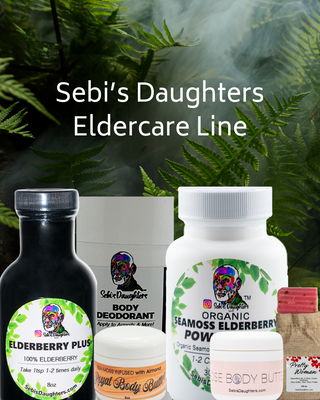 "Elder Care Collection by Sebi’s Daughters with wellness products for aging adults, set against a lush green haze and tropical island backdrop—featuring seamoss, elderberry, body butters, soaps, and natural deodorant."