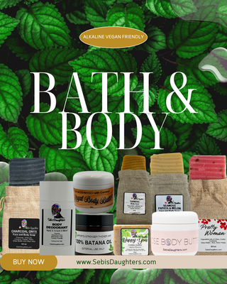 Sebi's Daughters Bath and Body Collection made my Kellie Bowman, the biological daughter of Alfredo Bowman, (Dr) Sebi against an island green background that highlights all products are alkaline vegan friendly.