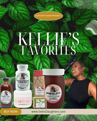 Image of Kellie Bowman highlighting her favorite Sebi's Daughters products with her absolute favorite being Pink Hibiscus Seamoss.
