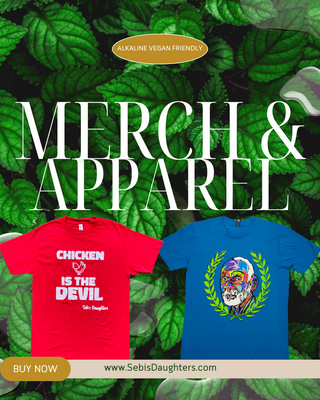 Image of Sebi's Daughters Merch and Apparel Collection Highlighting Our Chicken Is The Devil Tshirt, and Dr Sebi Island Blue Tshirt.
