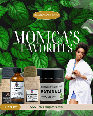 Monica’s Everyday Favorites That She Actually Uses In Bath & Body & Wellness!  Monica is holding our Happy Yoni Soap, while also using our Charcoal Onyx Soap, Grow Beautiful Hair and Nail Shampoo, our 2 oz Elderberry and our Batana Oil
