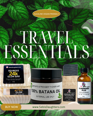 Image of Sebi's Daughters Travel Essentials Featuring our 24k Glow Soap Bar and Lip Balm, 100% Batana Oil, Charcoal Onyx Soap, and Elderberry Plus 2oz Bottle.