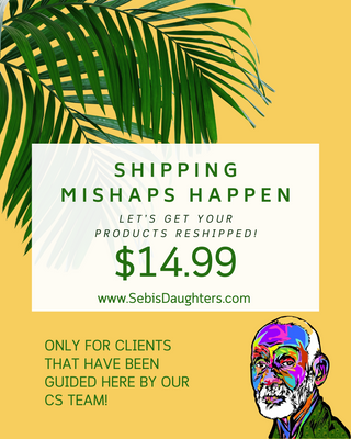 Image of Shipping Mishaps Happen on a yellow background with palm tree leaves highlighting the $14.99 reshipping option - please only use if directed to do so by our customer service team.