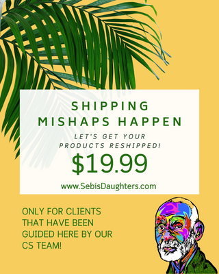 Image of Shipping Mishaps Happen on a yellow background with palm tree leaves highlighting the $19.99 reshipping option - please only use if directed to do so by our customer service team.