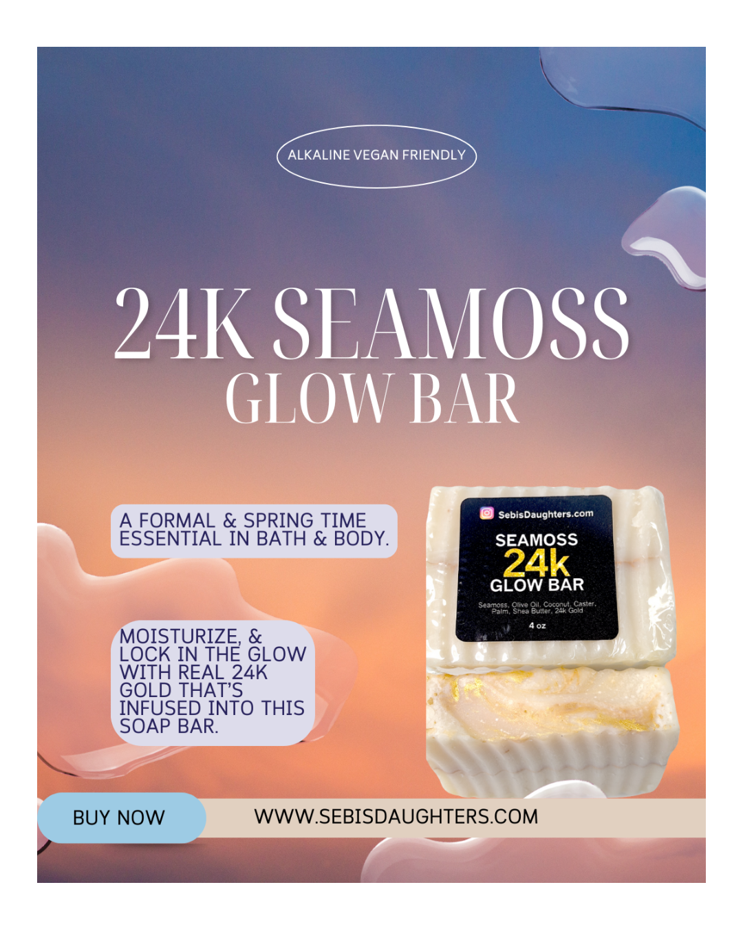 24k Seamoss Soap Bar infused with real 24k gold, offering a luxurious cleansing experience for radiant, nourished skin