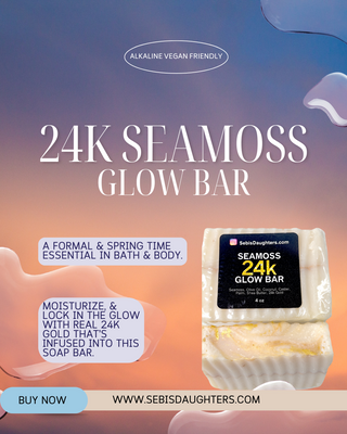 "24k Seamoss Soap Bar infused with real 24k gold, offering a luxurious cleansing experience for radiant, nourished skin, set against a gradient sky background with fluid abstract shapes. Includes a 'Buy Now' button and website URL."