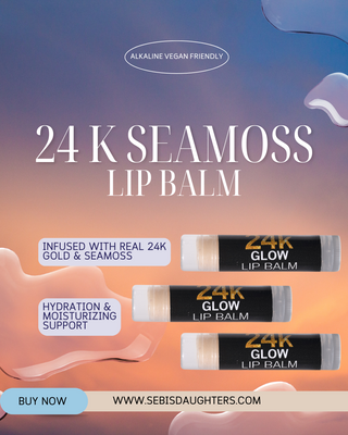 "24k Seamoss Lip Balm infused with real 24k gold, providing smooth, hydrated lips with a luxurious glow, set against a gradient sky background with fluid abstract shapes. Includes a 'Buy Now' button and website URL."