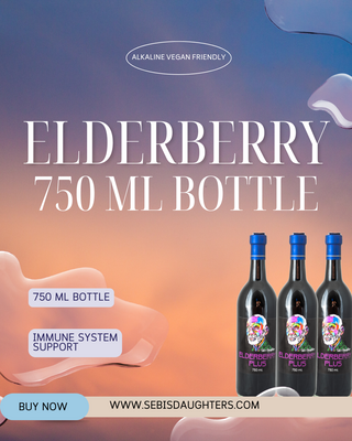 "750ml Elderberry by Sebi's Daughters, a powerful, antioxidant-rich wellness elixir designed to support immune health and vitality. Set against a gradient sky background with fluid abstract shapes, reflecting the essence of the Spring Collection. Includes a 'Buy Now' button and website URL."