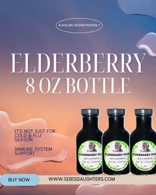 "8oz Elderberry by Sebi's Daughters, a powerful, antioxidant-rich wellness elixir designed to support immune health and overall vitality. Set against a gradient sky background with fluid abstract shapes, reflecting the essence of the Spring Collection. Includes a 'Buy Now' button and website URL."