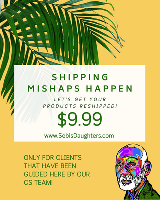 Image of Shipping Mishaps Happen on a yellow background with palm tree leaves highlighting the $9.99 reshipping option - please only use if directed to do so by our customer service team.