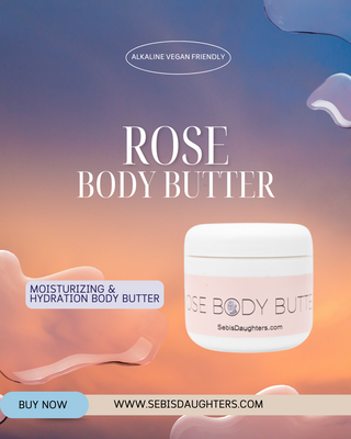 "Sebi's Daughters Rose Body Butter, infused with organic rose petals for deeply moisturized, soft skin with a delicate floral scent. Set against a gradient sky background with fluid abstract shapes, reflecting the essence of the Spring Collection. Includes a 'Buy Now' button and website URL."