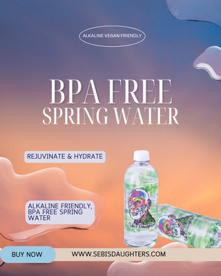"6-Pack of BPA-Free Spring Water by Sebi's Daughters, featuring two bottles prominently displayed for ultimate hydration. Set against a gradient sky background with fluid abstract shapes, reflecting the essence of the Spring Collection. Includes a 'Buy Now' button and website URL."
