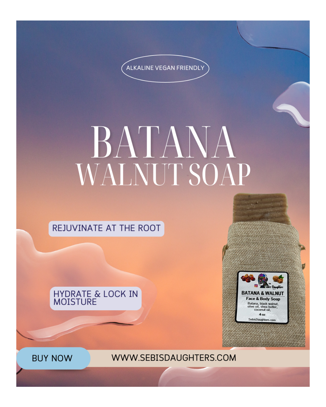 Sebi's Daughters Batana Walnut Soap with rejuvinating powers and ability to lock in moisture while hydrating.