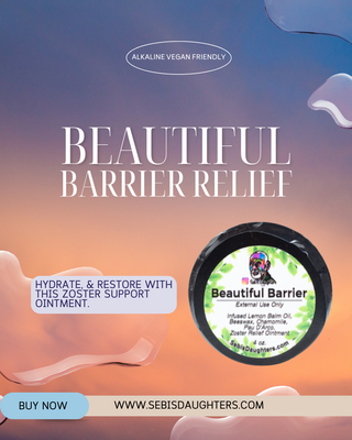 "Beautiful Barrier by Sebi's Daughters – an alkaline vegan herbal ointment for zoster relief set against a gradient sky background with fluid abstract shapes. Includes a 'Buy Now' button and website URL."