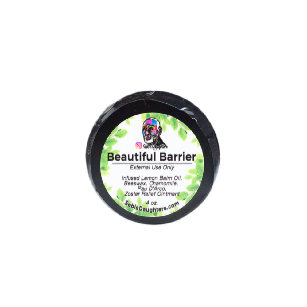 Sebis Dauhters Beautiful Barrier Product Label containing ointment for skin outbreaks.