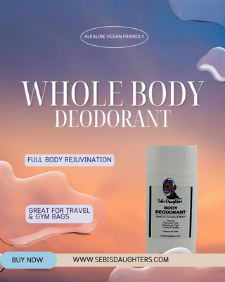 Image of Whole Body Deodorant at Sebi's Daughters in our spring backdrop of a Blue orange pink and golden yellow sunrise or sunset.  Image highlights full body rejuvination and that its great for travel and gym bags.