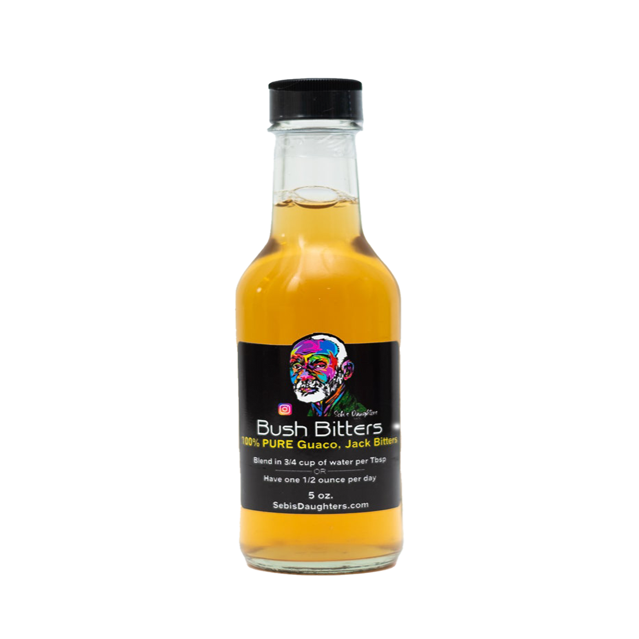 Image of a 5oz Bush Bitter Bottle by Sebis Daughters that is made from 100% Pure Guaco and Jack Bitters.