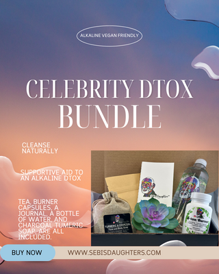 Image of Celebrity Detox Bundle by Sebi's Daughters featuring Charcoal Tumeric Soap, Dtox Burner Capsules, Dtox Tea, a Bottle of our BPA spring water, and a Dtox Journal.