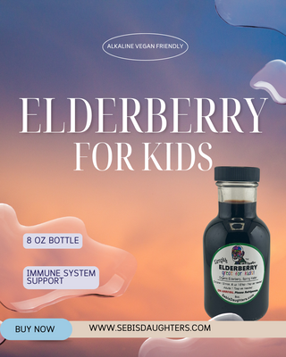"Simply Elderberry for Kids by Sebi's Daughters, a gentle, kid-friendly wellness blend designed to support immune health naturally. Set against a gradient sky background with fluid abstract shapes, reflecting the essence of the Spring Collection. Includes a 'Buy Now' button and website URL."