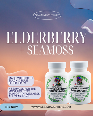 "Seamoss Elderberry Power Pack Capsules by Sebi's Daughters, combining the benefits of Seamoss and Elderberry for immune support and overall wellness. Set against a gradient sky background with fluid abstract shapes, reflecting the essence of the Spring Collection. Includes a 'Buy Now' button and website URL."