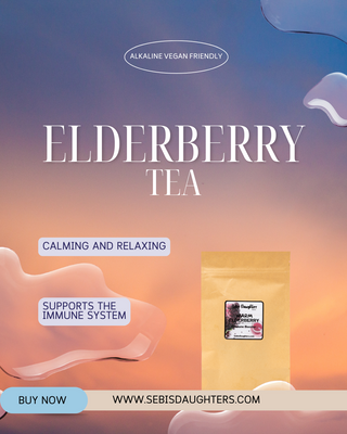 "Elderberry Tea by Sebi's Daughters, a soothing and immune-boosting herbal blend to support your wellness. Set against a gradient sky background with fluid abstract shapes, reflecting the essence of the Spring Collection. Includes a 'Buy Now' button and website URL."