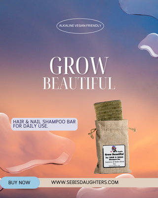 "Grow Beautiful by Sebi's Daughters, a nourishing blend designed to support healthy hair, skin, and nails for a radiant, natural glow. Set against a gradient sky background with fluid abstract shapes, reflecting the essence of the Spring Collection. Includes a 'Buy Now' button and website URL."