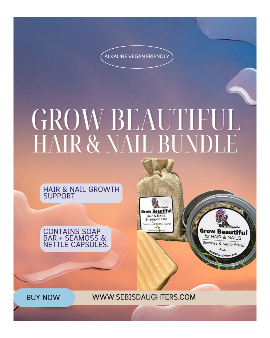 "Grow Beautiful Bundle by Sebi's Daughters, featuring a nourishing collection designed to support healthy hair, skin, and nails with the power of Seamoss and botanicals. Set against a gradient sky background with fluid abstract shapes, reflecting the essence of the Spring Collection.