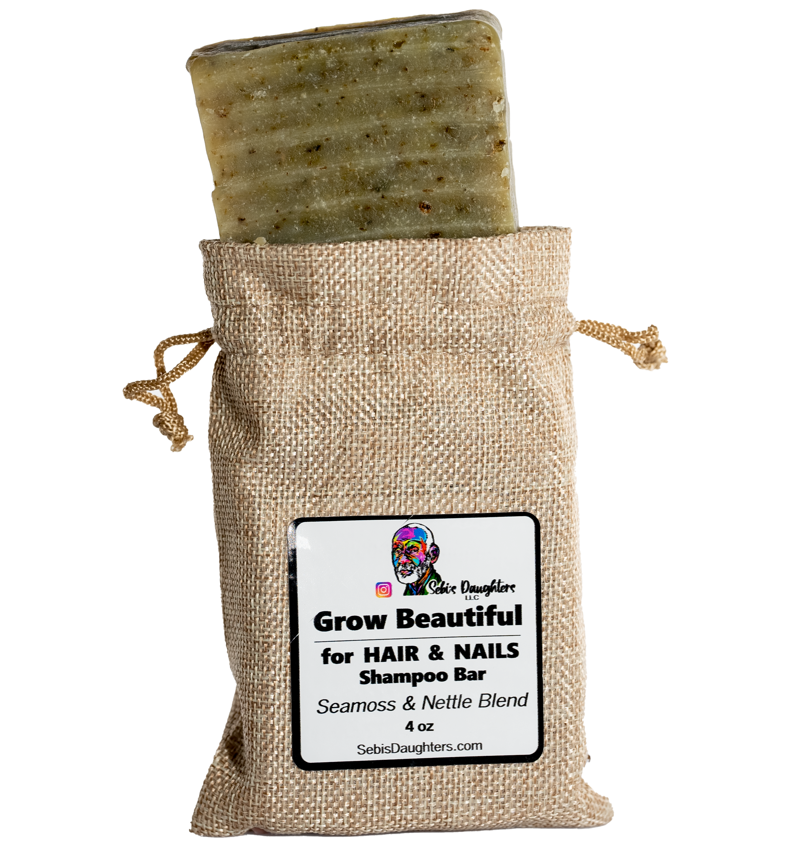Image of Sebis Daughters Grow Beautiful 4 oz Hair and Nails shampoo bar that's made of Seamoss and Nettles.