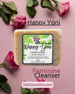 "Happy Yoni Feminine Cleanser from Sebi's Daughters on a ink Rose Stem Background"