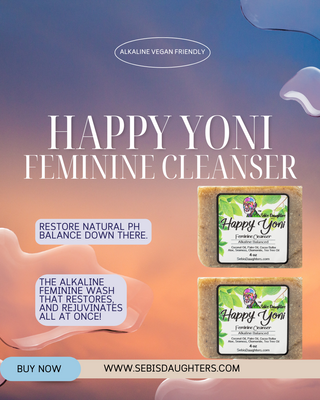 "Happy Yoni Feminine Cleanser by Sebi's Daughters, a gentle, plant-based formula designed to refresh and balance intimate wellness. Set against a gradient sky background with fluid abstract shapes, reflecting the essence of the Spring Collection. Includes a 'Buy Now' button and website URL."