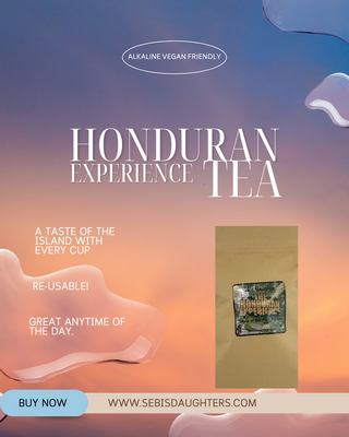 Image of Sebi's Daughters Spring 2025 Wellness Collection highlighting Kellie's Honduran Experience Tea with captions Great anytime of the day, Re-usable, and A taste of the island with every cup.