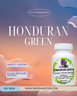 "Honduran Green by Sebi's Daughters, a nutrient-rich wellness blend inspired by the power of nature to support vitality and balance. Set against a gradient sky background with fluid abstract shapes, reflecting the essence of the Spring Collection. Includes a 'Buy Now' button and website URL."