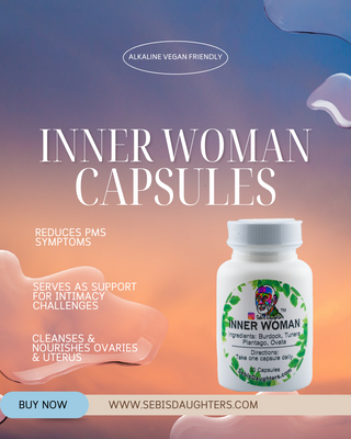 "Inner Woman by Sebi's Daughters, a holistic blend designed to support feminine reproductive health and balance. Set against a gradient sky background with fluid abstract shapes, reflecting the essence of the Spring Collection. Includes a 'Buy Now' button and website URL."