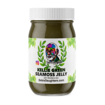 Jar of Kellie Green Seamoss Jelly with a colorful Sebi's Daughters logo on the label.