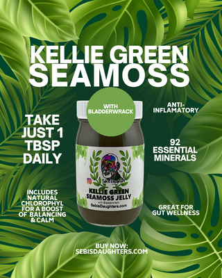 Jar of Kellie Green Seamoss Jelly by Sebi's Daughters on a leafy green background, with text highlighting benefits like digestion support, detox properties, and 92 essential minerals.