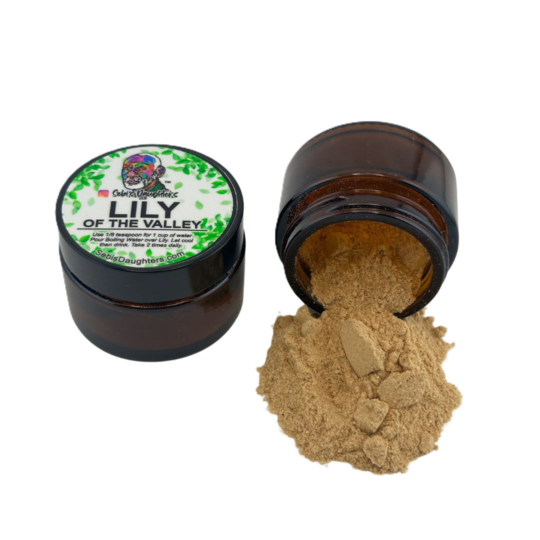 Lily of the Valley Powder by Sebi's Daughters with open jar of healing powder
