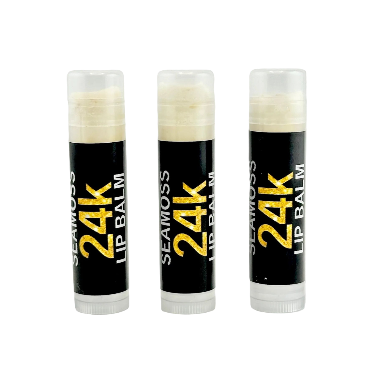 Three-pack of 24K Lip Balms by Sebi's Daughters with organic seamoss, cocoa butter, and shea butter for soft hydrated lips