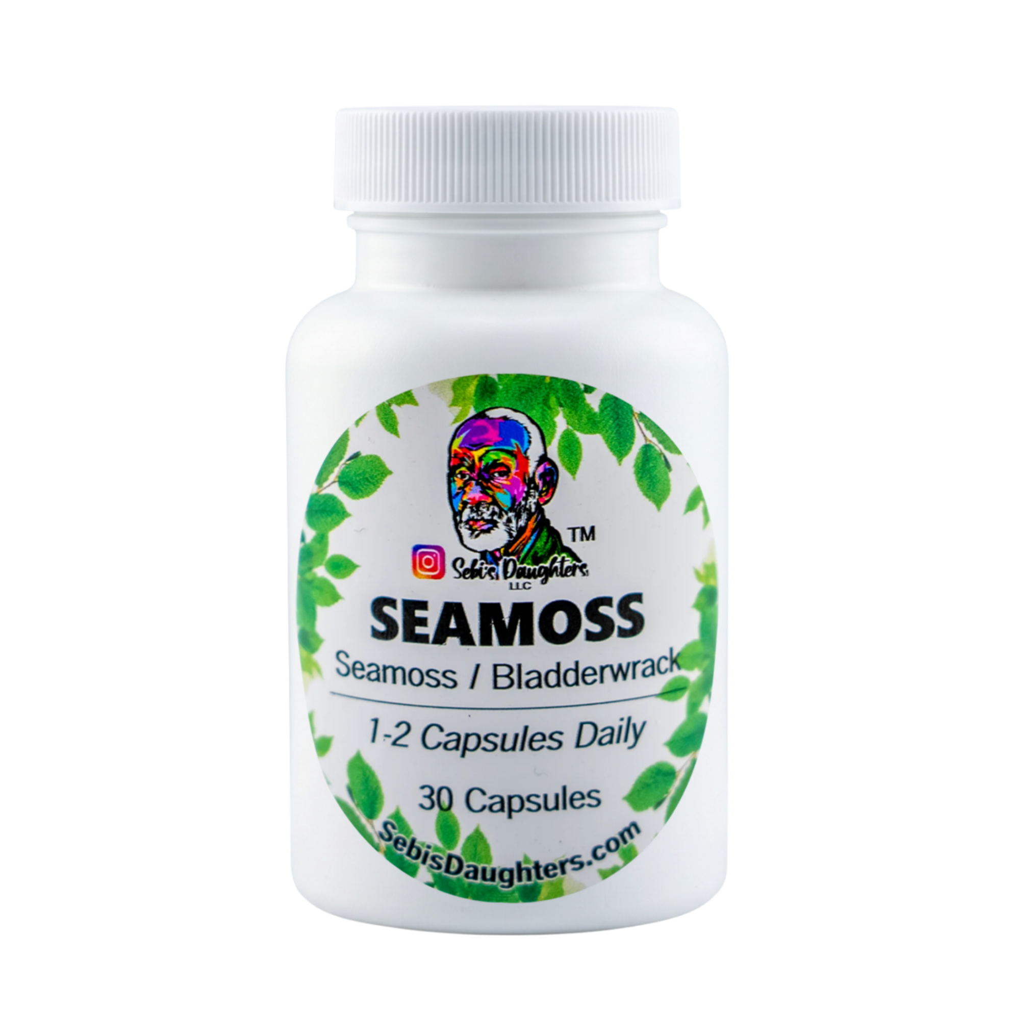 A bottle of Sebi's Daughters Seamoss with Bladderwrack dietary supplement capsules, featuring a white cap and a colorful circular label with Dr Sebi on the Logo.