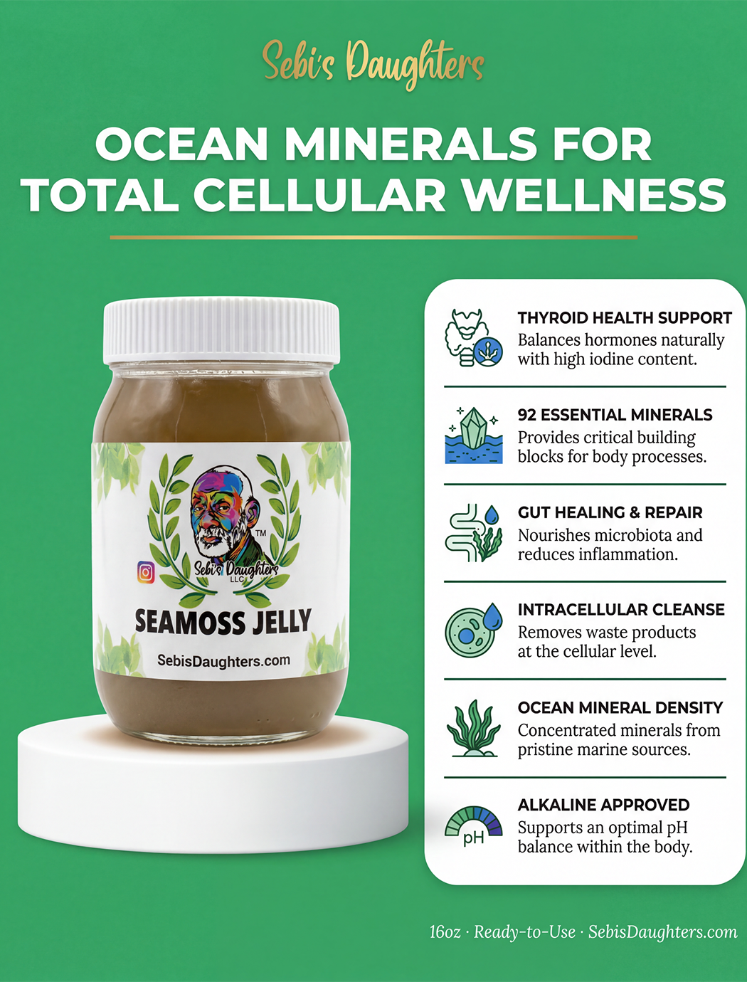 Organic Seamoss with Bladderwrack Jelly – 16oz | 92 Minerals for Thyroid, Gut & Total Cellular Wellness