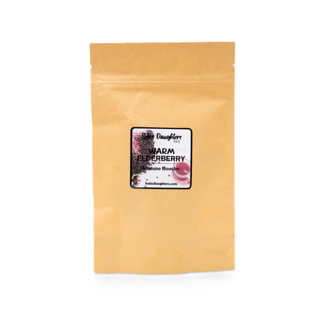 Organic Warm Elderberry Tea by Sebi's Daughters in a 7-pack, featuring elderberries, subtle florals, and blackberry notes for a soothing and flavorful beverage..