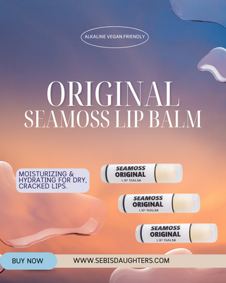 "Seamoss Original Lip Balm by Sebi's Daughters, a hydrating blend infused with Seamoss for soft, nourished lips. Set against a gradient sky background with fluid abstract shapes, reflecting the essence of the Spring Collection. Includes a 'Buy Now' button and website URL."