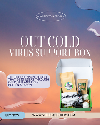 "Out Cold Virus Support Box by Sebi's Daughters, featuring Seamoss Elderberry Capsules, Eucalyptus Shower Balms, Honduran Tea, 2oz Elderberry Plus, Eucalyptus Chest Rub, Seamoss Lip Balm, and a Sebi’s Daughters Washcloth. Set against a gradient sky background with fluid abstract shapes, reflecting the essence of the Spring Collection. Includes a 'Buy Now' button and website URL."