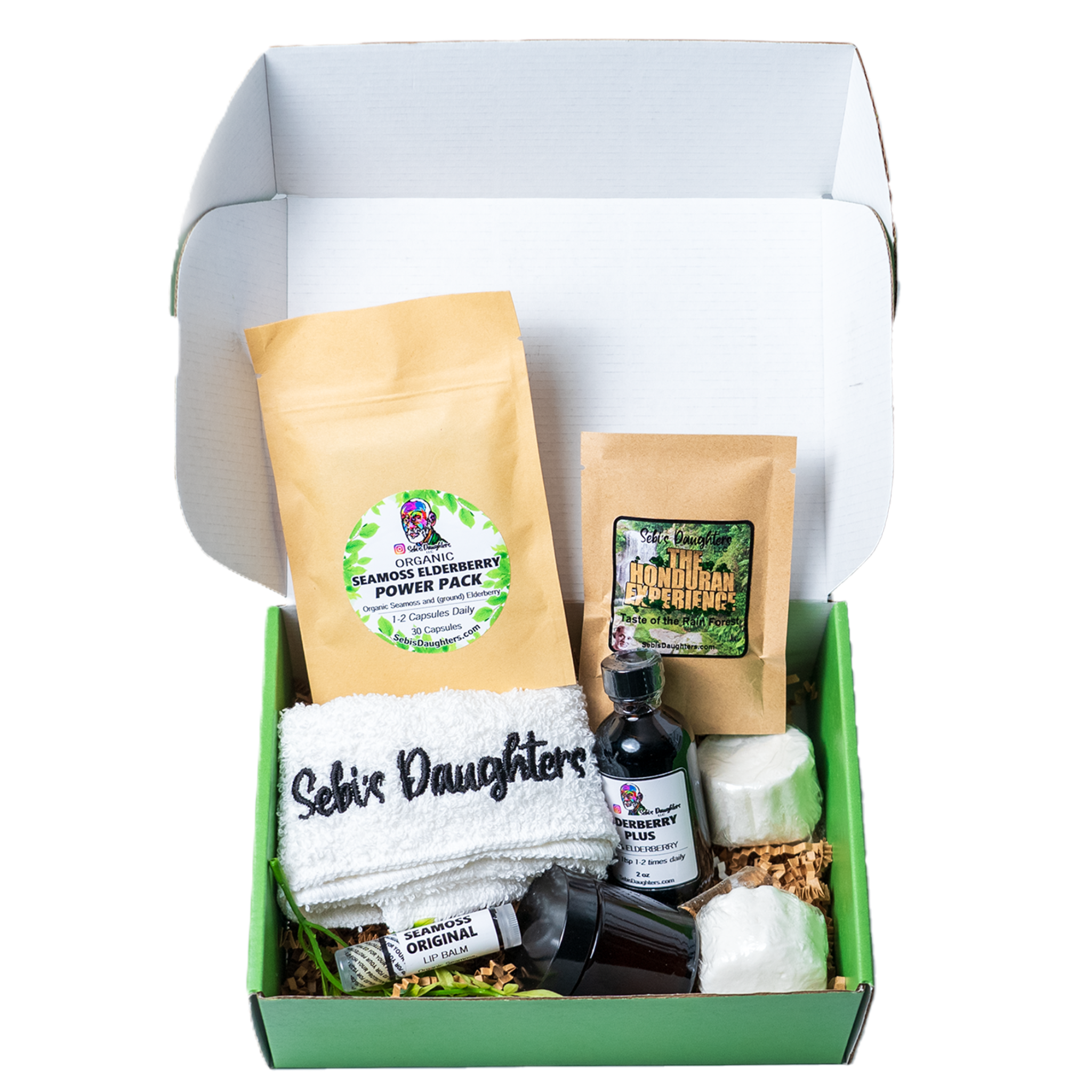 Outcold Virus Box by Sebi's Daughters, featuring seamoss elderberry capsules, eucalyptus shower balms, Honduran tea, 2oz elderberry plus, eucalyptus chest rub, seamoss lip balm, and a Sebi’s Daughters washcloth.