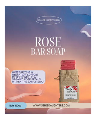 "Pretty Woman Organic Rose Soap Bar by Sebi's Daughters, a luxurious soap enriched with rose petals and infused with natural ingredients to nourish and pamper your skin. Set against a gradient sky background with fluid abstract shapes, reflecting the essence of the Spring Collection.