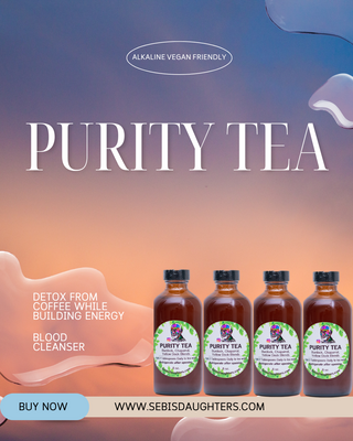 "Purity Tea by Sebi's Daughters, a cleansing herbal blend designed to support inner balance and wellness. Set against a gradient sky background with fluid abstract shapes, reflecting the essence of the Spring Collection. Includes a 'Buy Now' button and website URL."