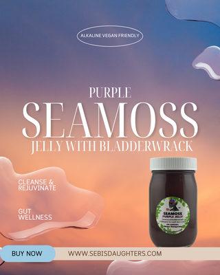 "Purple Seamoss Jelly by Sebi's Daughters, packed with essential minerals and nutrients to support your wellness journey. Set against a gradient sky background with fluid abstract shapes, reflecting the essence of the Spring Collection. Includes a 'Buy Now' button and website URL."
