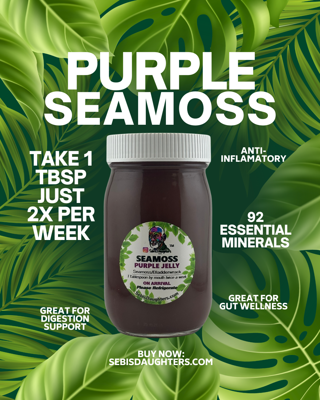Jar of purple seamoss for skin glow by Sebi's Daughters on a leafy green background, with text highlighting benefits like gut wellness, digestion support, 92 minerals, and anti-inflammatory properties.
