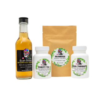 "Sacred Vitality & Wellness Builder by Sebi's Daughters, featuring Bush Bitters, Seamoss Capsules, Purity Tea, and Viral Therapy for natural wellness support."
